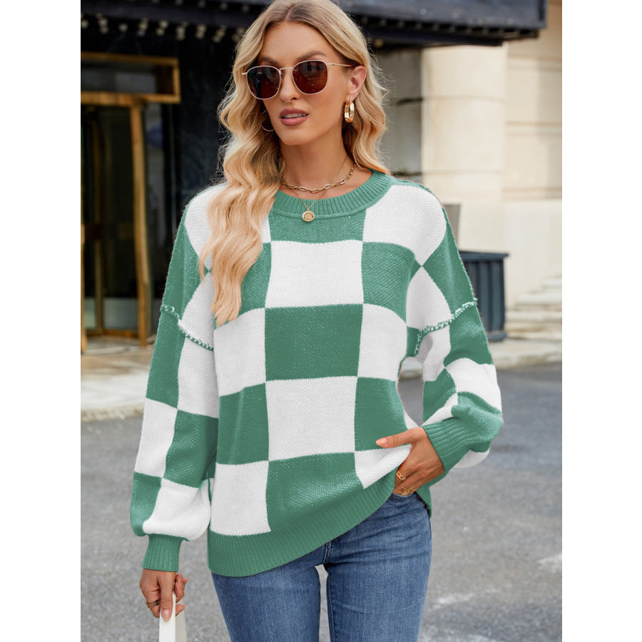 Checkered Round Neck Long Sleeve Sweater Apparel and Accessories