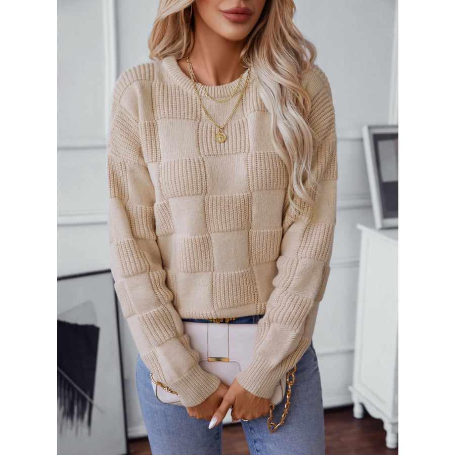 Checkered Round Neck Long Sleeve Sweater Apparel and Accessories