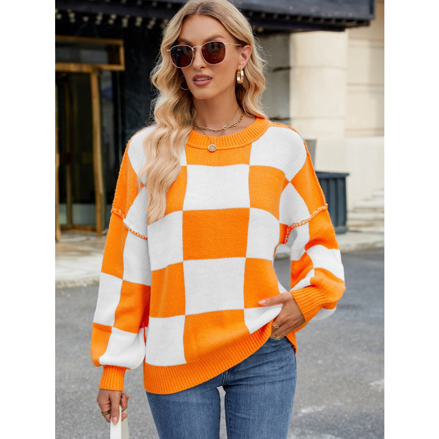 Checkered Round Neck Long Sleeve Sweater Apparel and Accessories