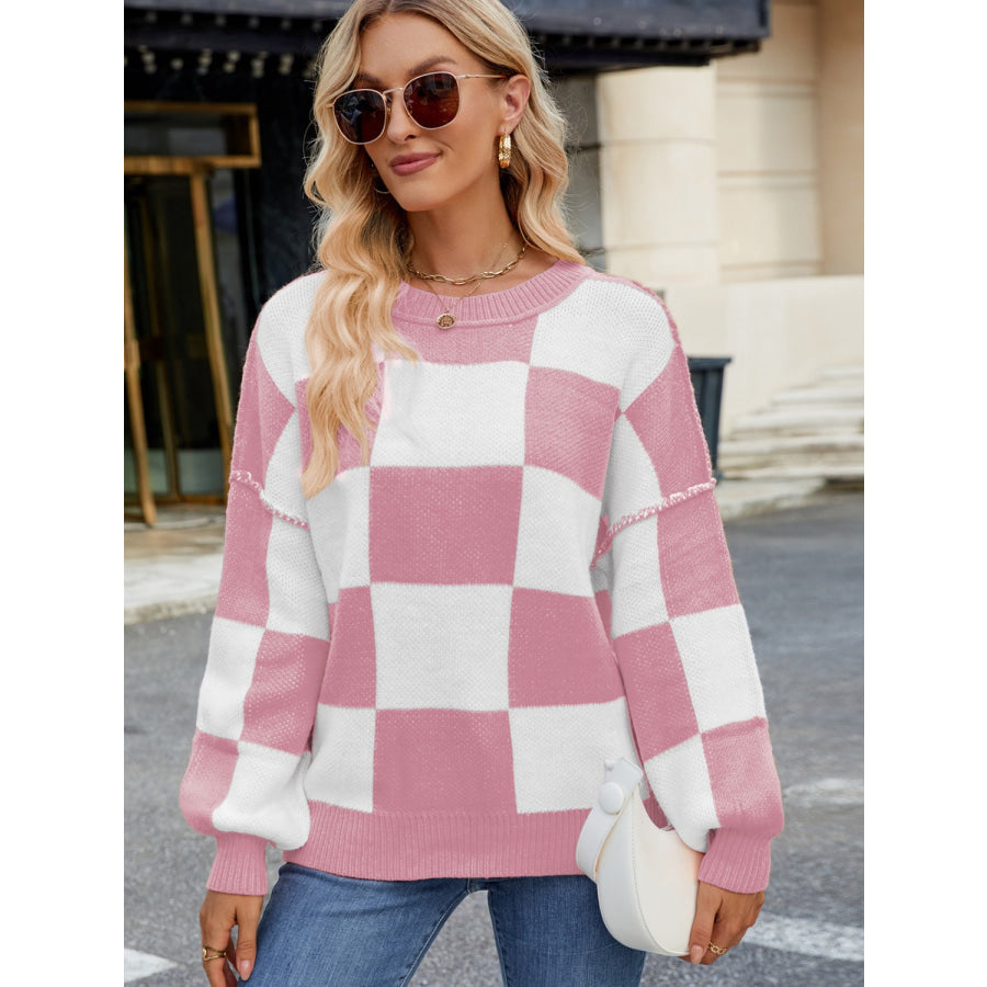 Checkered Round Neck Long Sleeve Sweater Apparel and Accessories