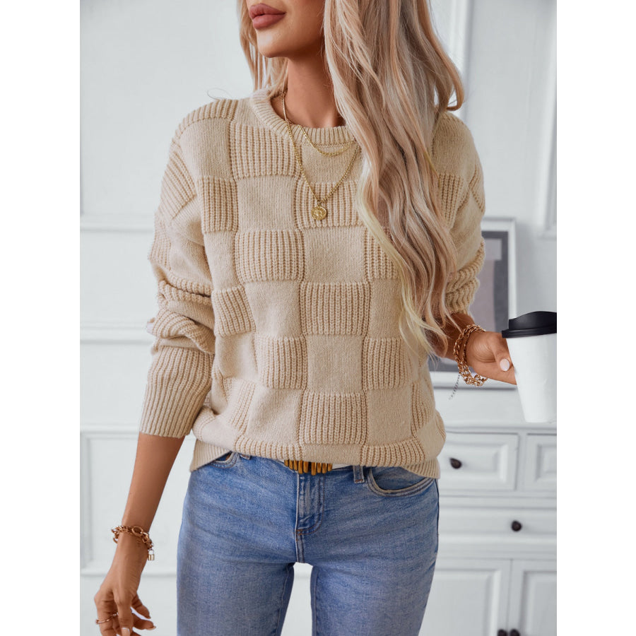 Checkered Round Neck Long Sleeve Sweater Apparel and Accessories