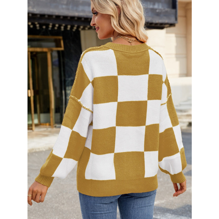 Checkered Round Neck Long Sleeve Sweater Apparel and Accessories