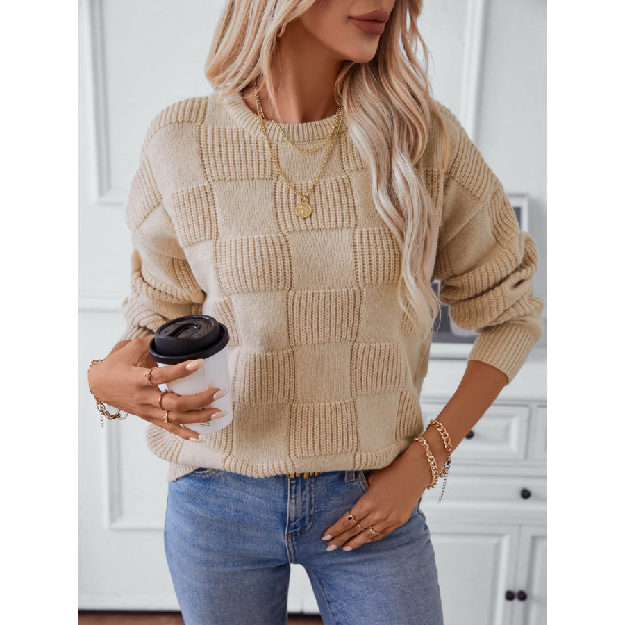 Checkered Round Neck Long Sleeve Sweater Apparel and Accessories