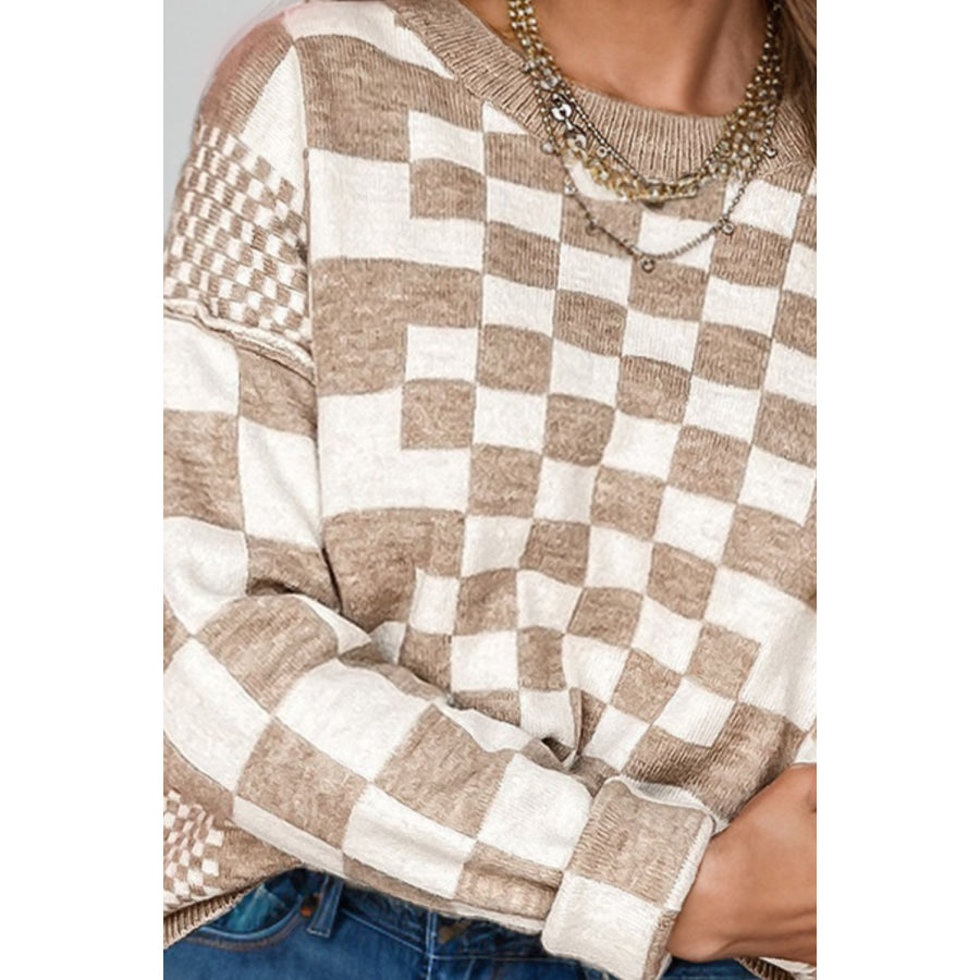 Checkered Round Neck Long Sleeve Sweater Apparel and Accessories