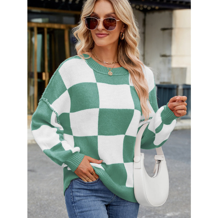 Checkered Round Neck Long Sleeve Sweater Apparel and Accessories