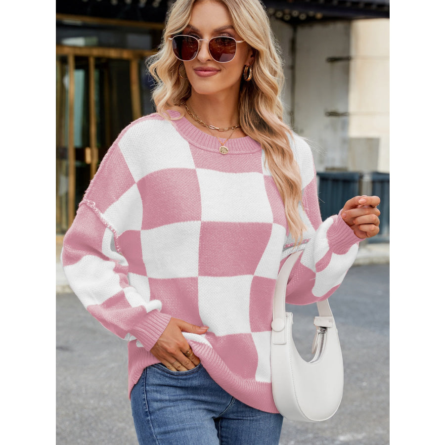 Checkered Round Neck Long Sleeve Sweater Apparel and Accessories