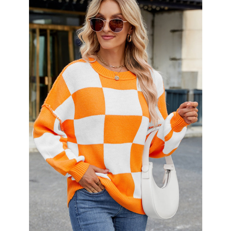 Checkered Round Neck Long Sleeve Sweater Apparel and Accessories