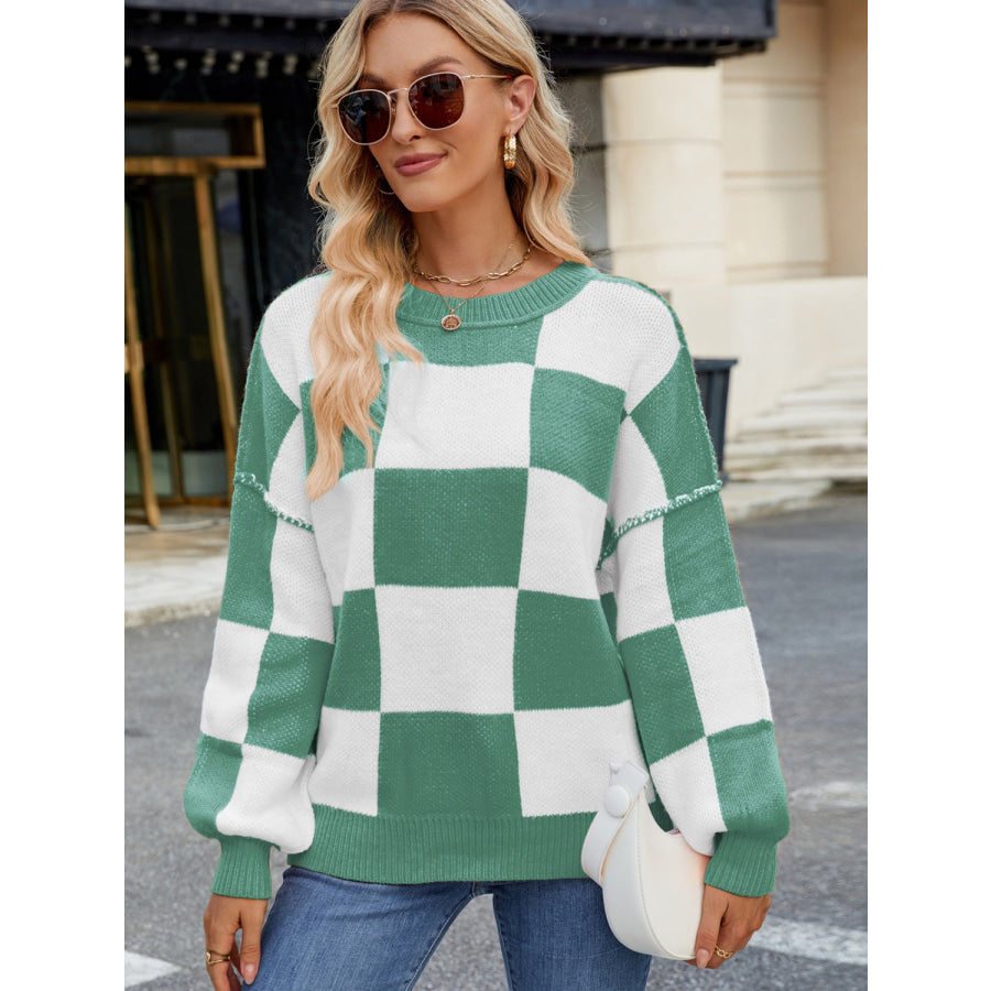 Checkered Round Neck Long Sleeve Sweater Apparel and Accessories