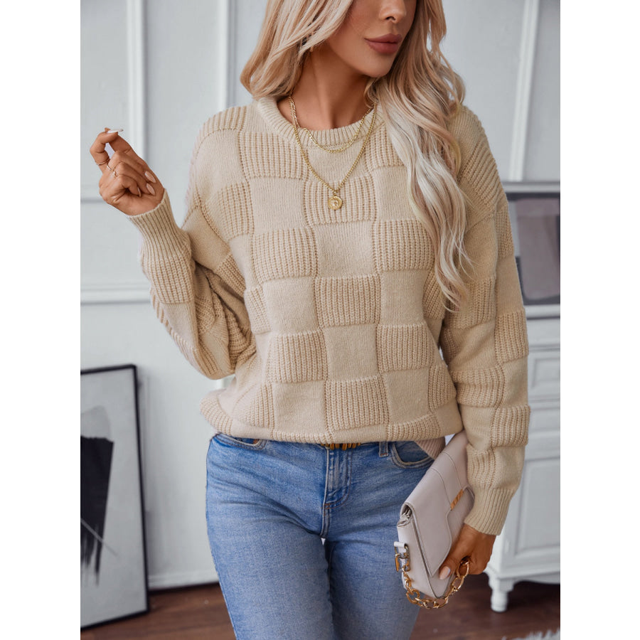 Checkered Round Neck Long Sleeve Sweater Apparel and Accessories