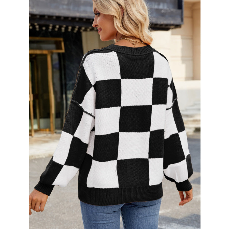 Checkered Round Neck Long Sleeve Sweater Apparel and Accessories