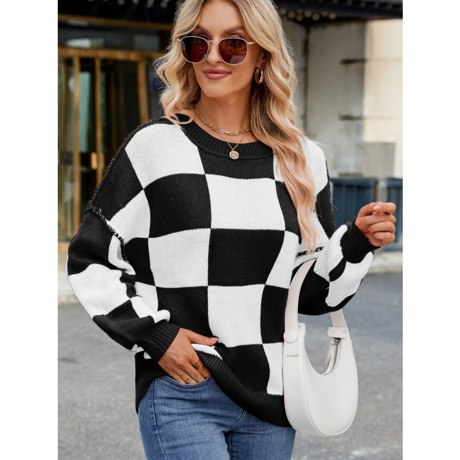 Checkered Round Neck Long Sleeve Sweater Apparel and Accessories