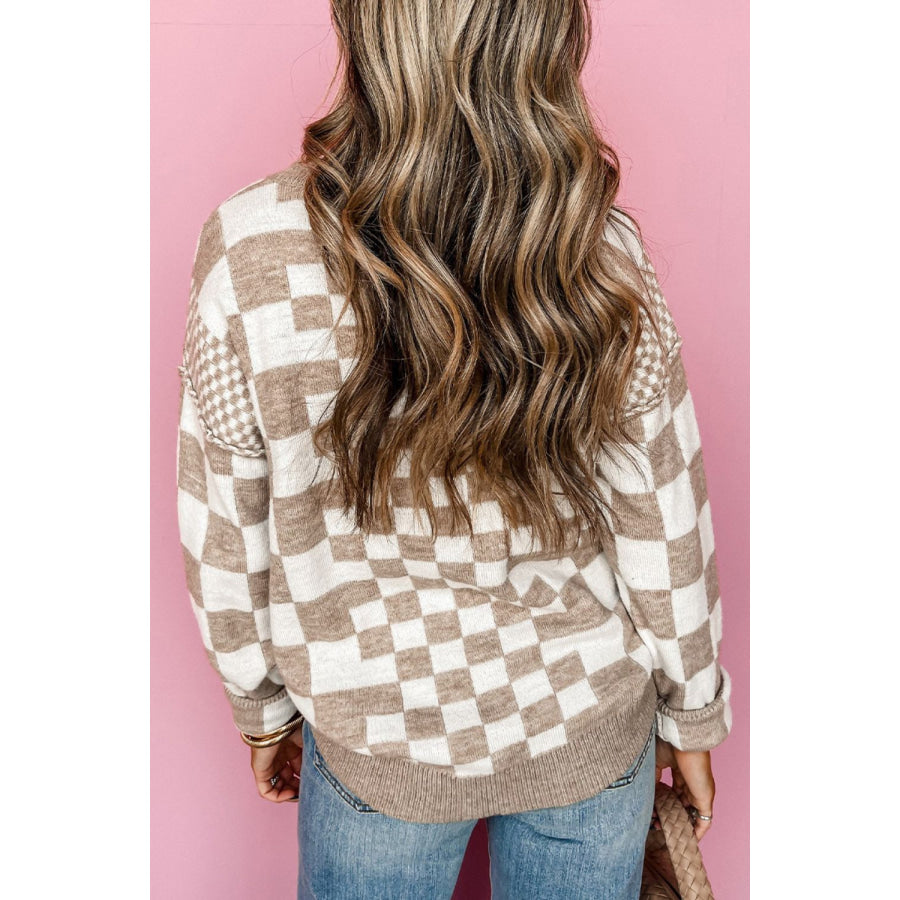 Checkered Round Neck Long Sleeve Sweater Apparel and Accessories