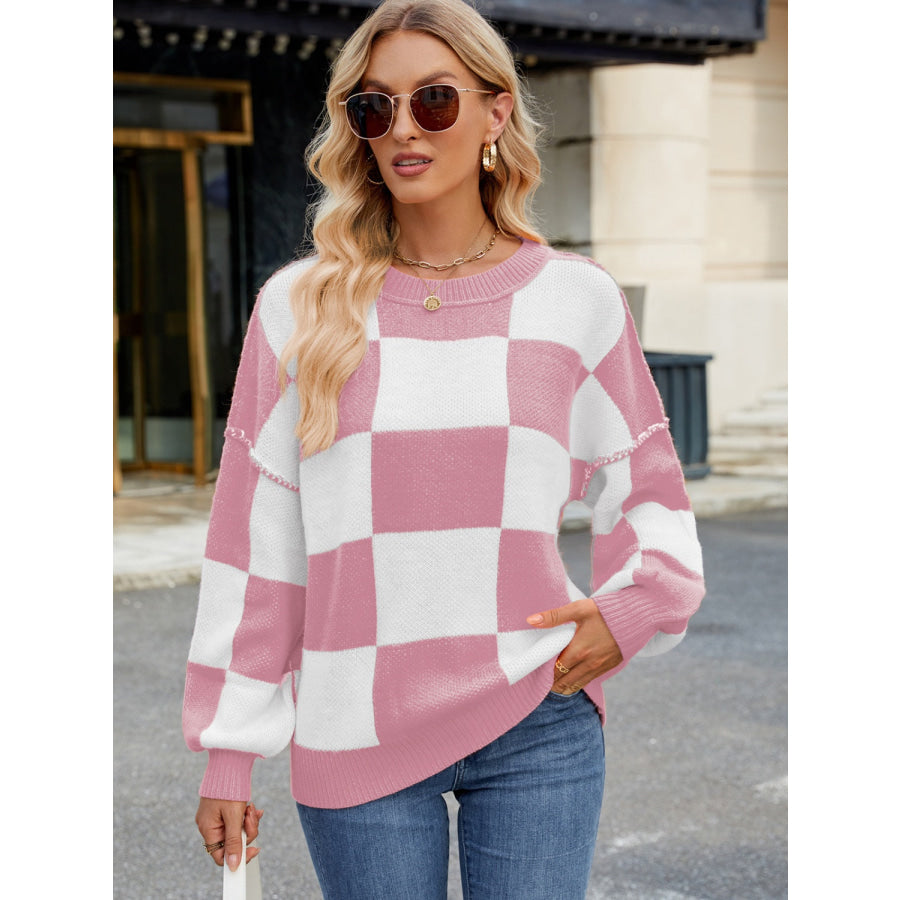 Checkered Round Neck Long Sleeve Sweater Apparel and Accessories