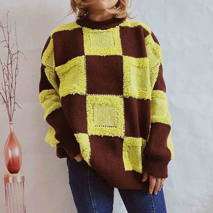 Checkered Round Neck Long Sleeve Sweater Banana Yellow / S