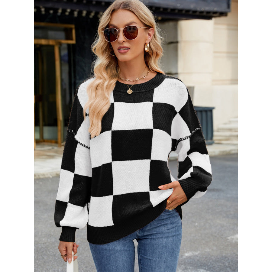 Checkered Round Neck Long Sleeve Sweater Black / S Apparel and Accessories