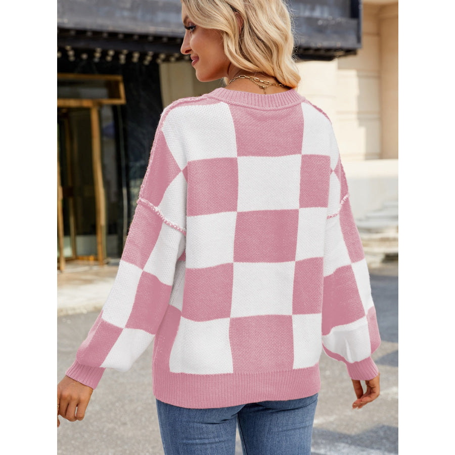 Checkered Round Neck Long Sleeve Sweater Blush Pink / S Apparel and Accessories