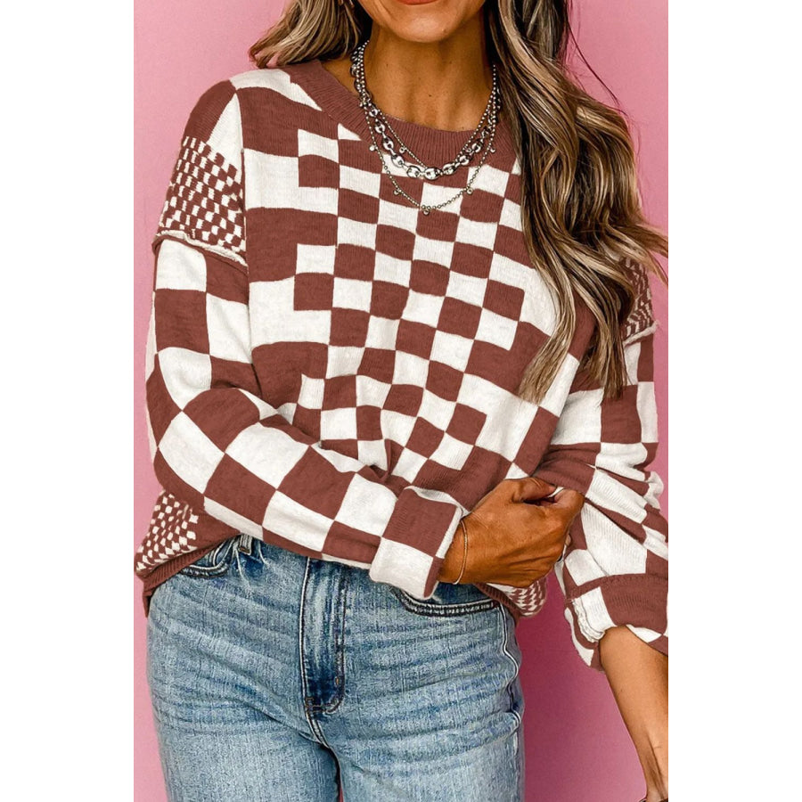 Checkered Round Neck Long Sleeve Sweater Brown / L Apparel and Accessories