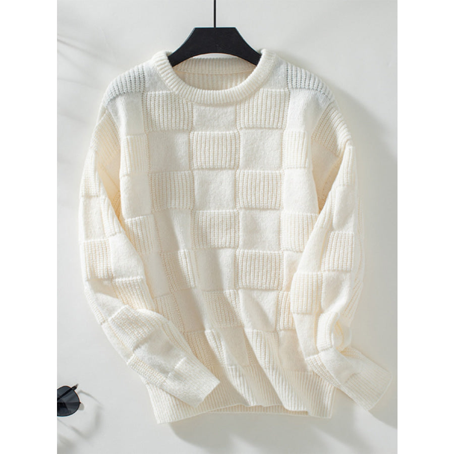 Checkered Round Neck Long Sleeve Sweater Cream / S Apparel and Accessories