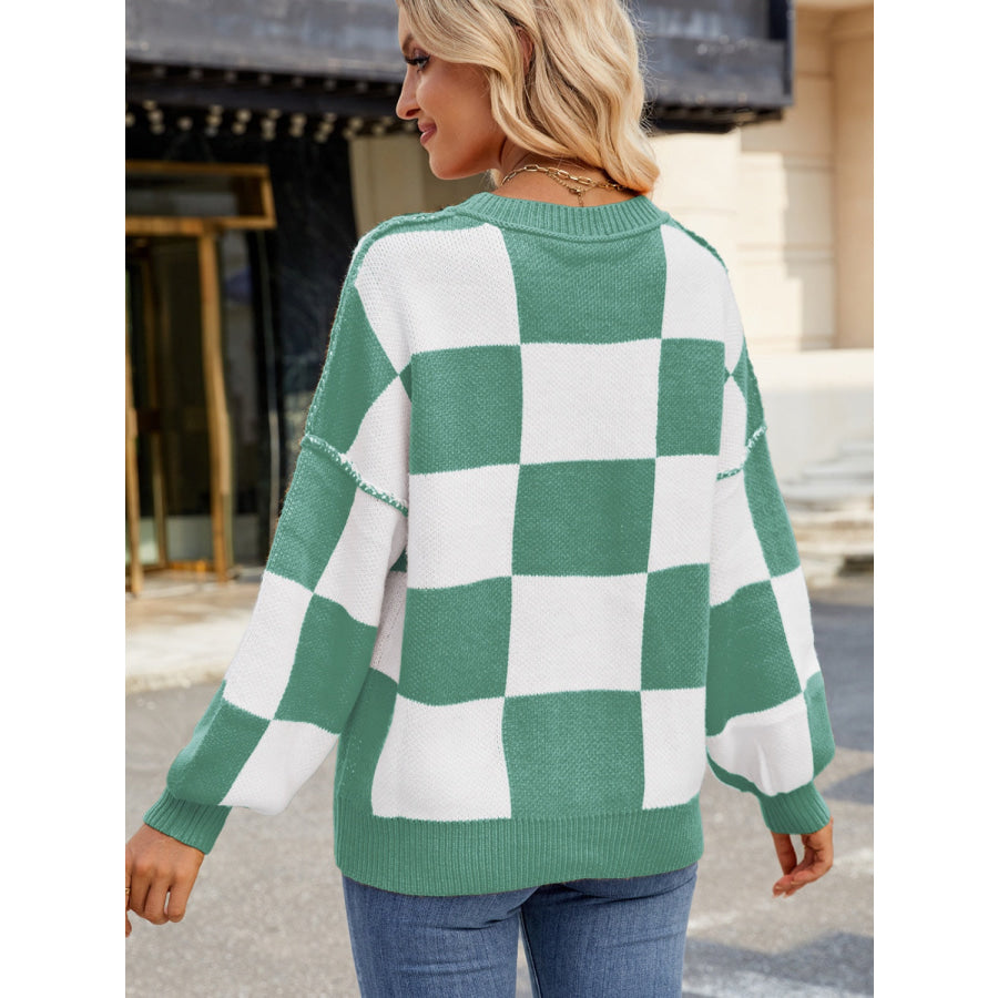 Checkered Round Neck Long Sleeve Sweater Gum Leaf / S Apparel and Accessories