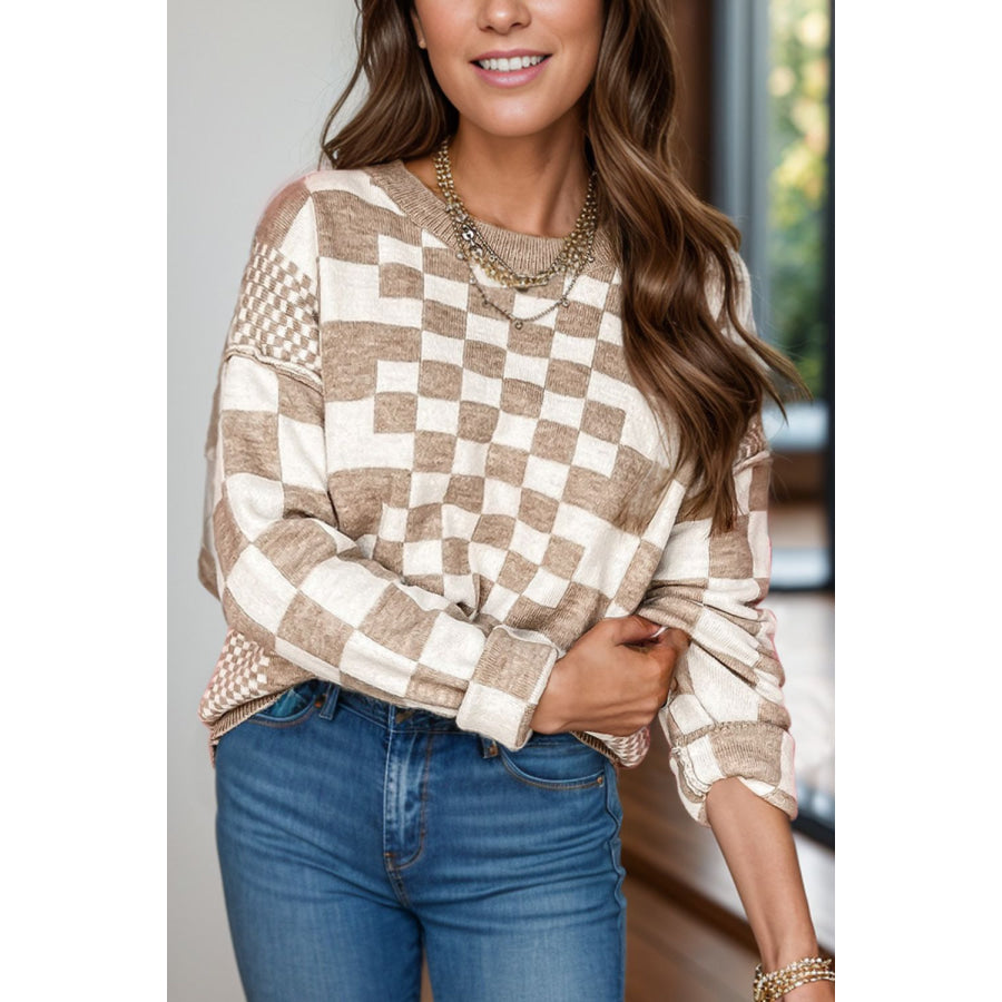 Checkered Round Neck Long Sleeve Sweater Mocha / S Apparel and Accessories