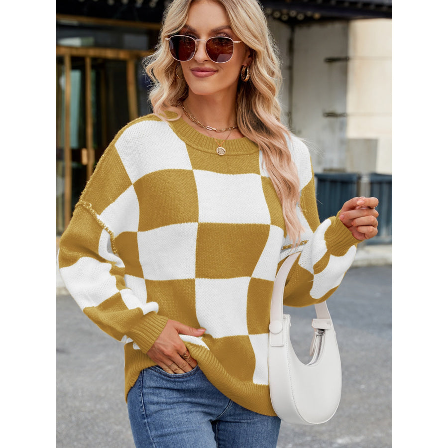 Checkered Round Neck Long Sleeve Sweater Mustard / S Apparel and Accessories