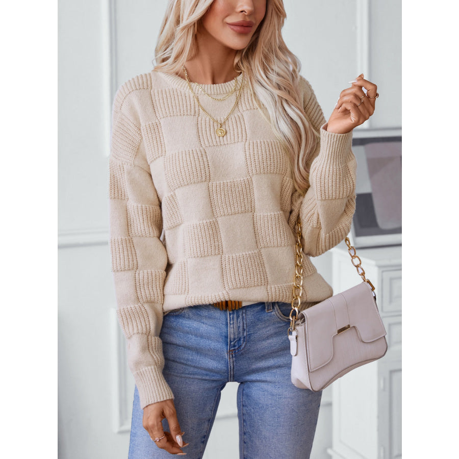 Checkered Round Neck Long Sleeve Sweater Tan / S Apparel and Accessories