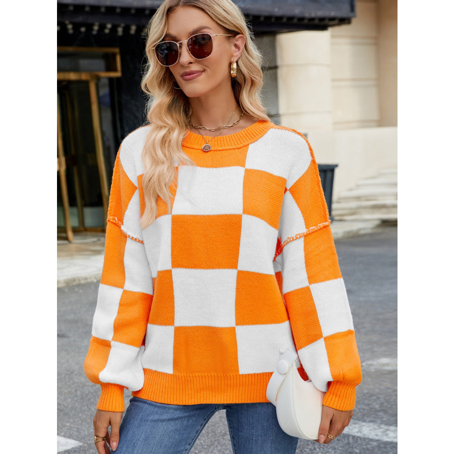 Checkered Round Neck Long Sleeve Sweater Tangerine / S Apparel and Accessories