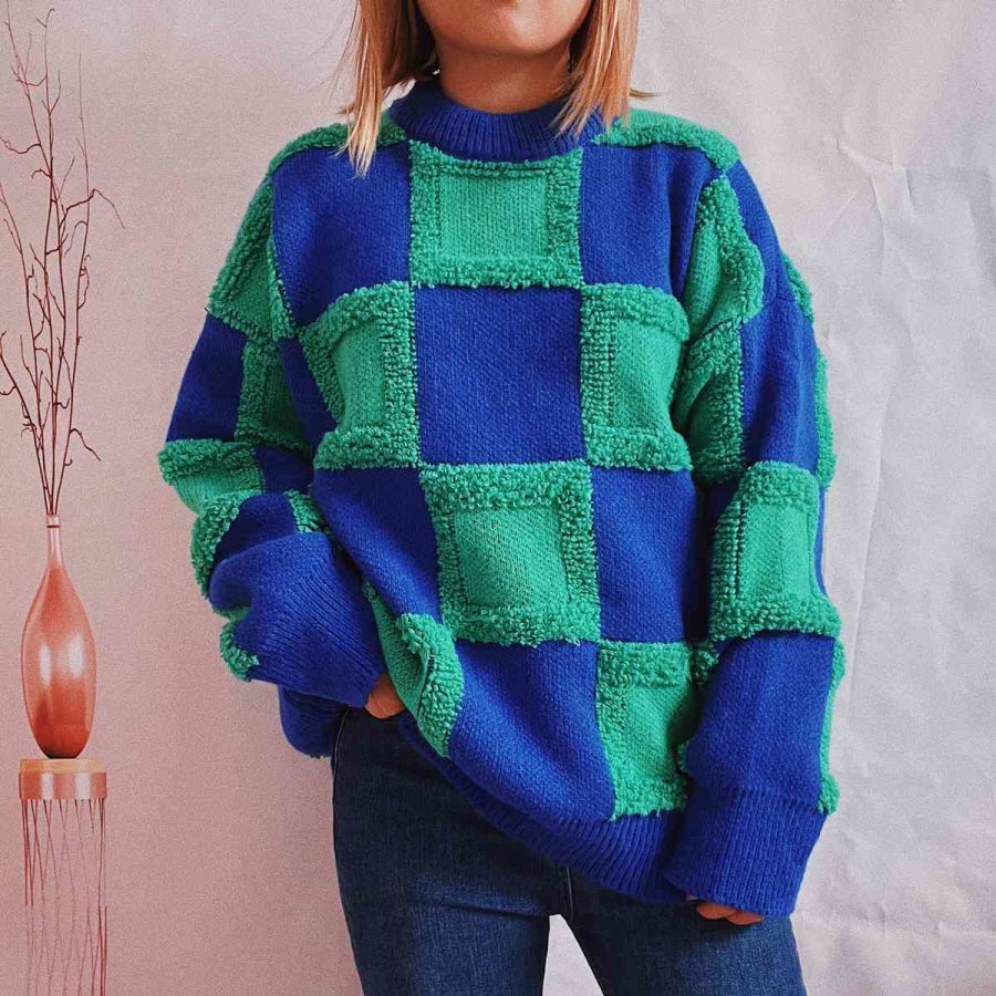 Checkered Round Neck Long Sleeve Sweater Teal / S