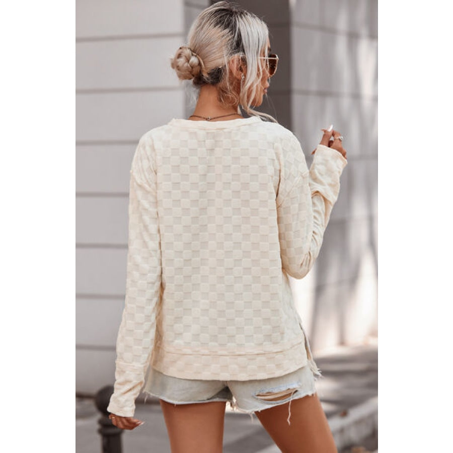 Checkered Round Neck Long Sleeve T-Shirt Apparel and Accessories