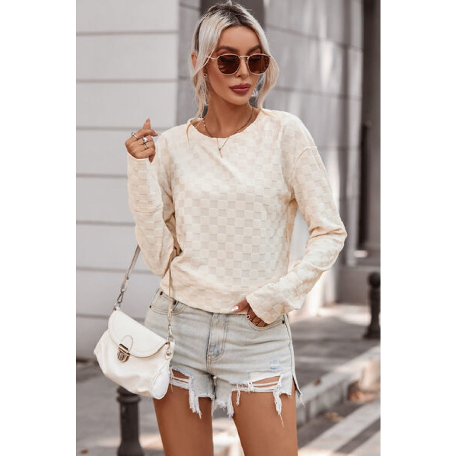 Checkered Round Neck Long Sleeve T-Shirt Apparel and Accessories