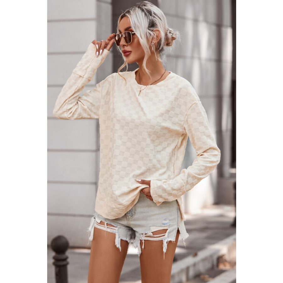 Checkered Round Neck Long Sleeve T-Shirt Apparel and Accessories