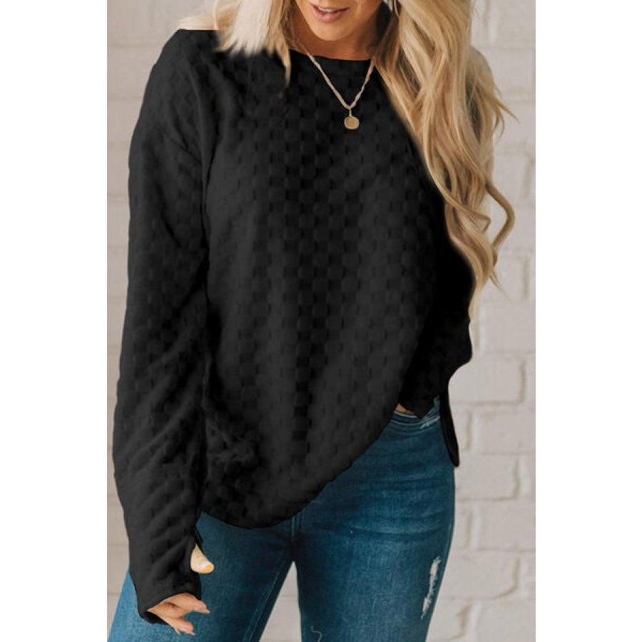 Checkered Round Neck Long Sleeve T-Shirt Black / S Apparel and Accessories