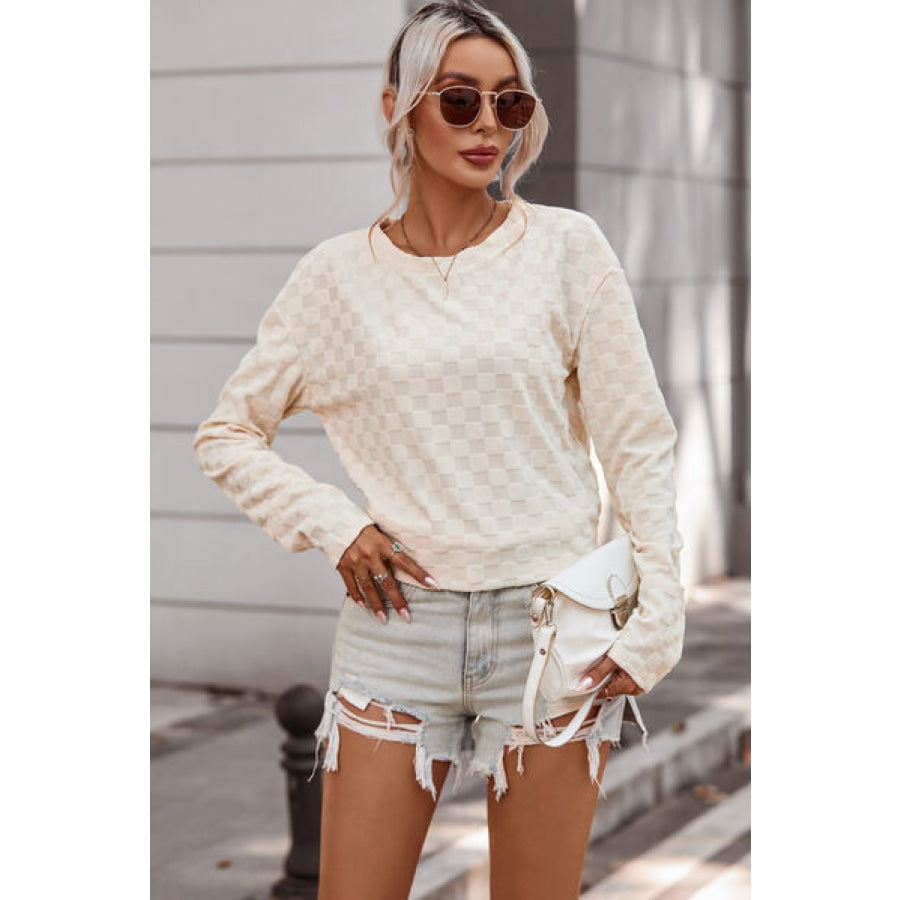 Checkered Round Neck Long Sleeve T-Shirt Cream / S Apparel and Accessories