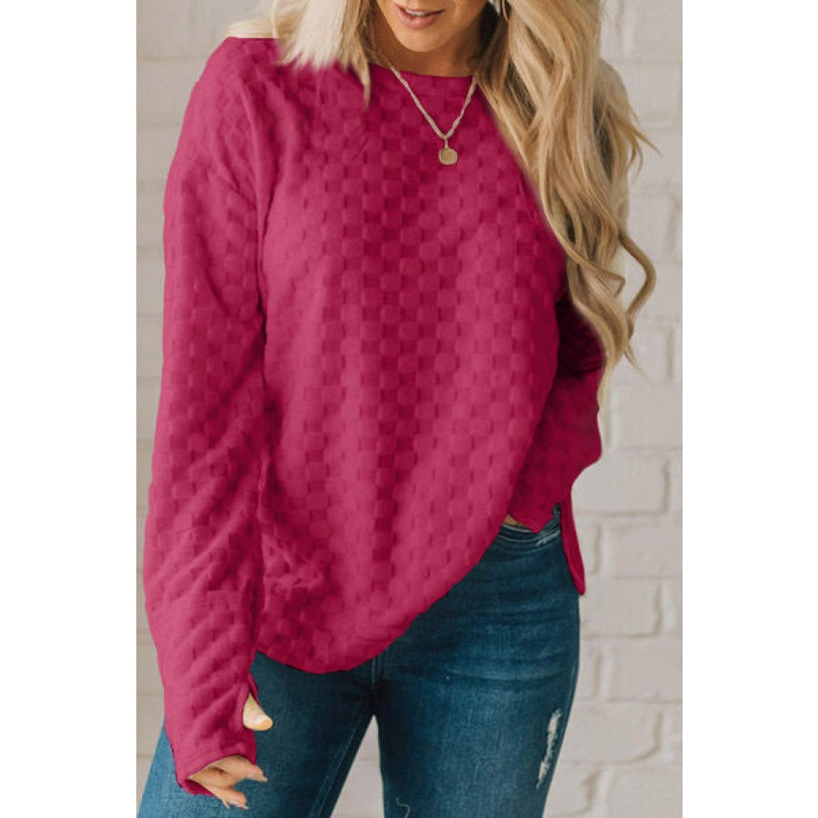 Checkered Round Neck Long Sleeve T-Shirt Hot Pink / S Apparel and Accessories