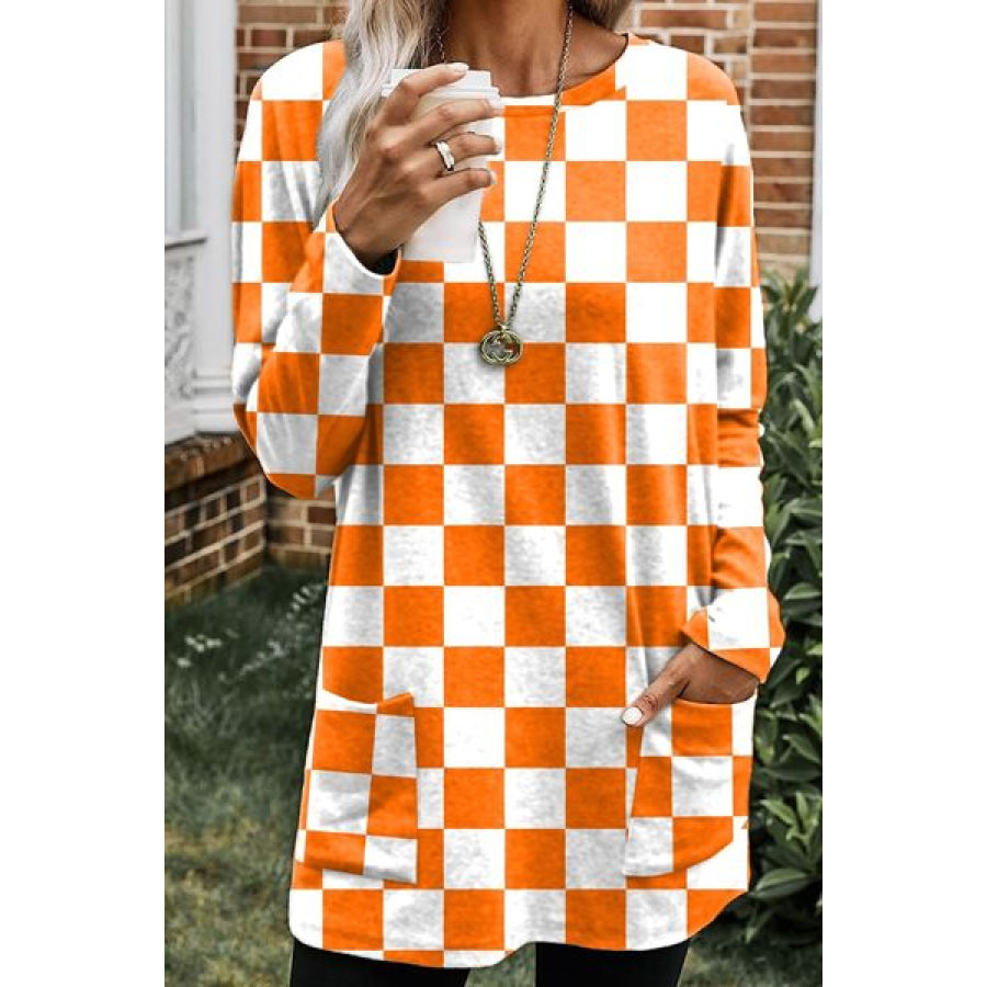 Checkered Round Neck Long Sleeve T - Shirt with Pockets Apparel and Accessories