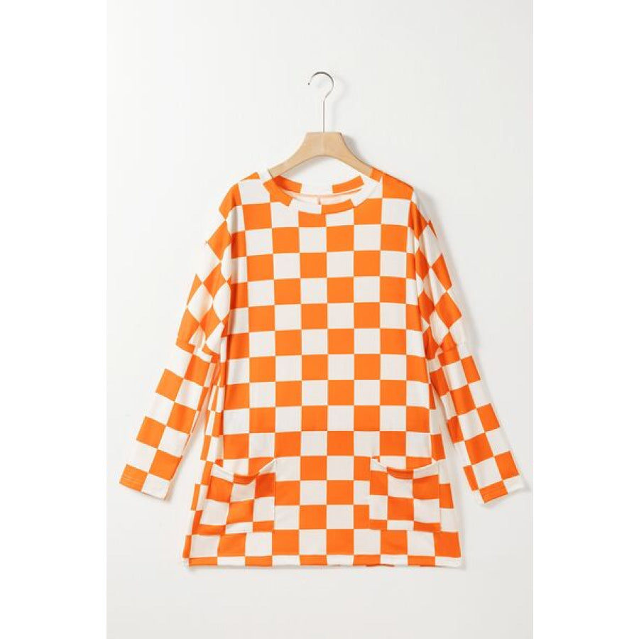 Checkered Round Neck Long Sleeve T - Shirt with Pockets Apparel and Accessories