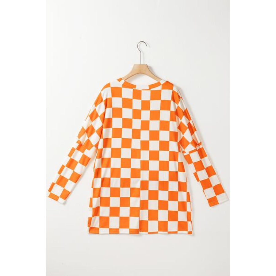 Checkered Round Neck Long Sleeve T - Shirt with Pockets Apparel and Accessories