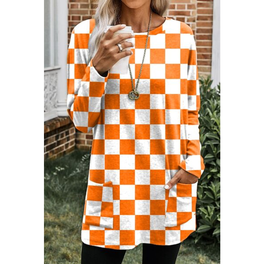 Checkered Round Neck Long Sleeve T - Shirt with Pockets Pumpkin / S Apparel and Accessories