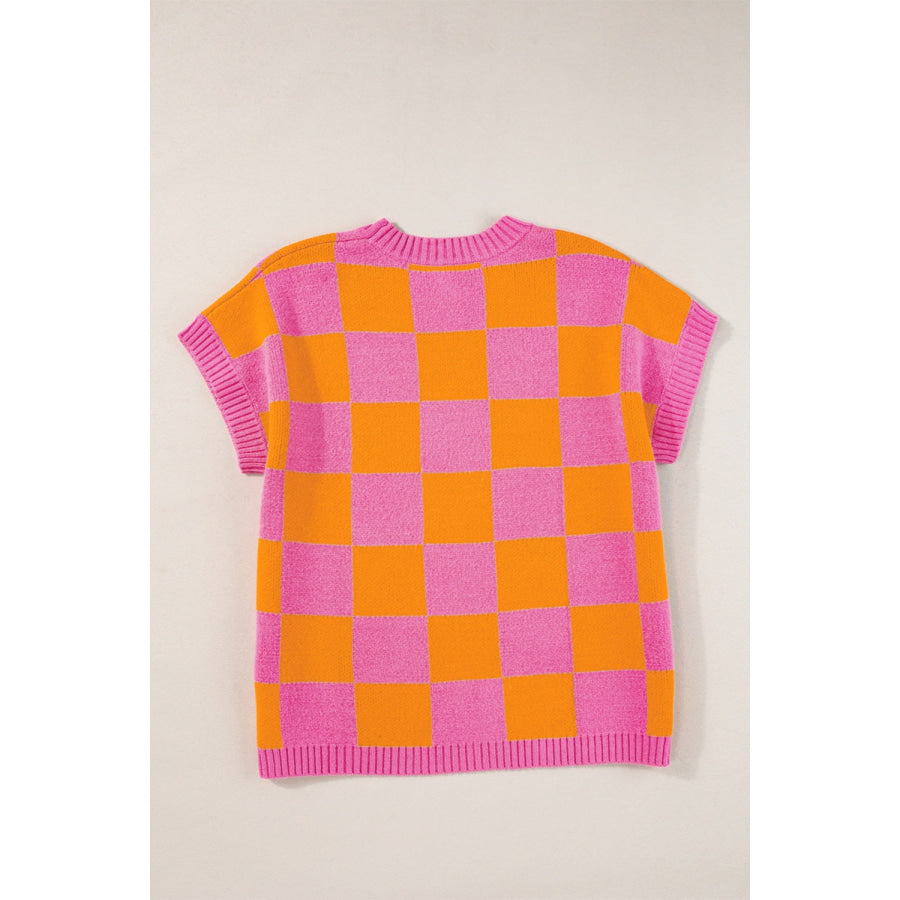 Checkered Round Neck Short Sleeve Sweater Apparel and Accessories