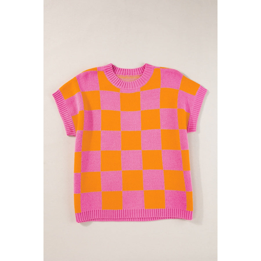 Checkered Round Neck Short Sleeve Sweater Plaid / S Apparel and Accessories