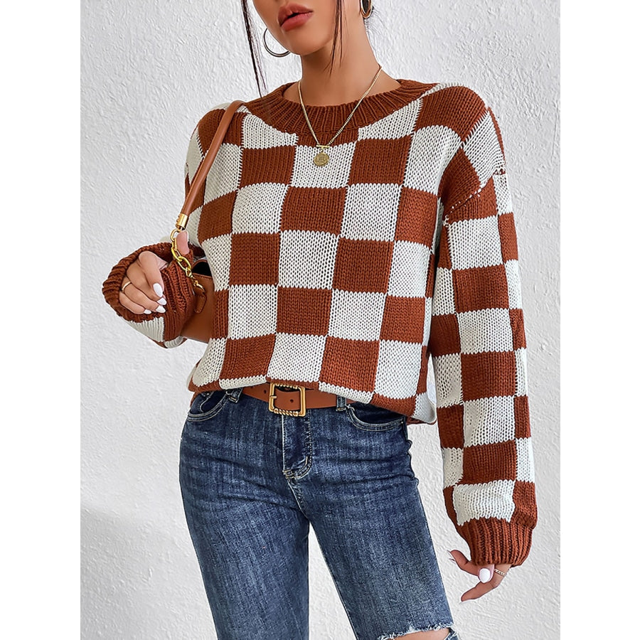 Checkered Round Neck Sweater Chestnut / S