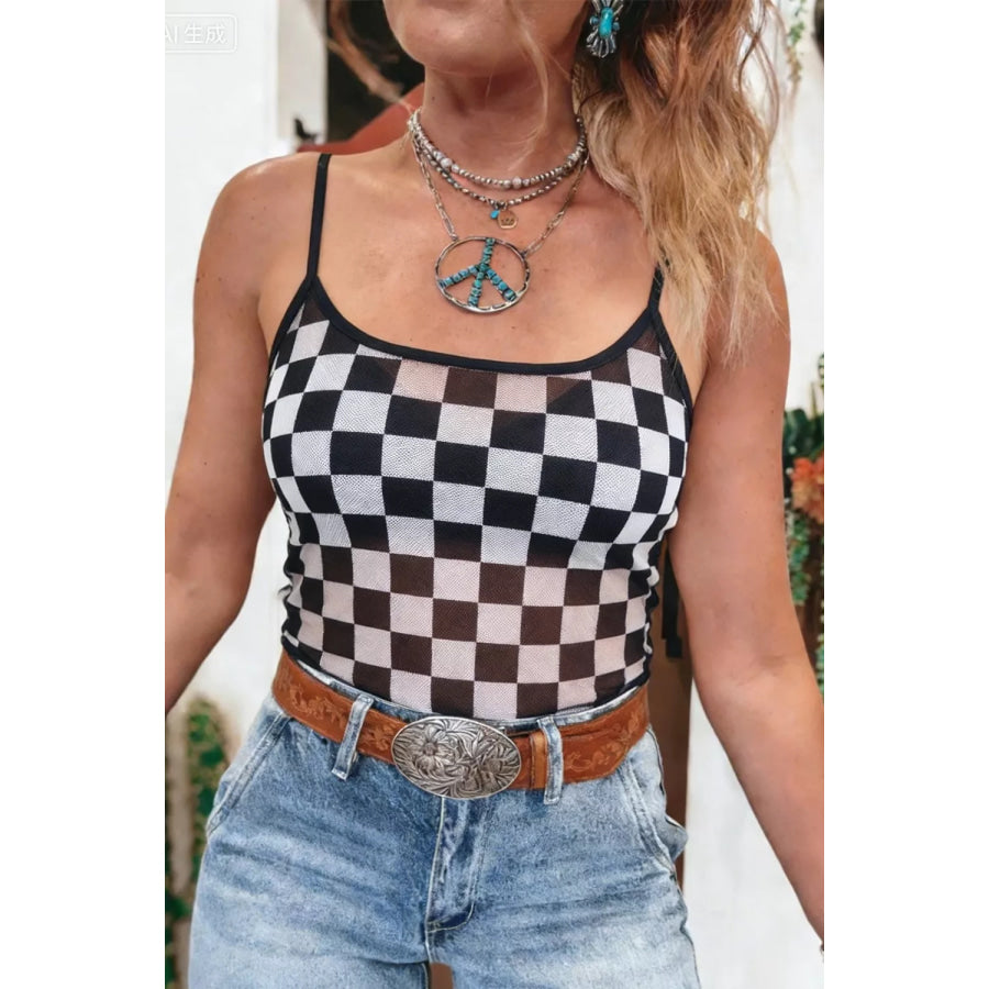 Checkered Sheer Mesh Cami Black / S Apparel and Accessories