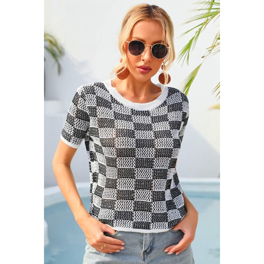 Checkered Short Sleeve Knit Top Black / S