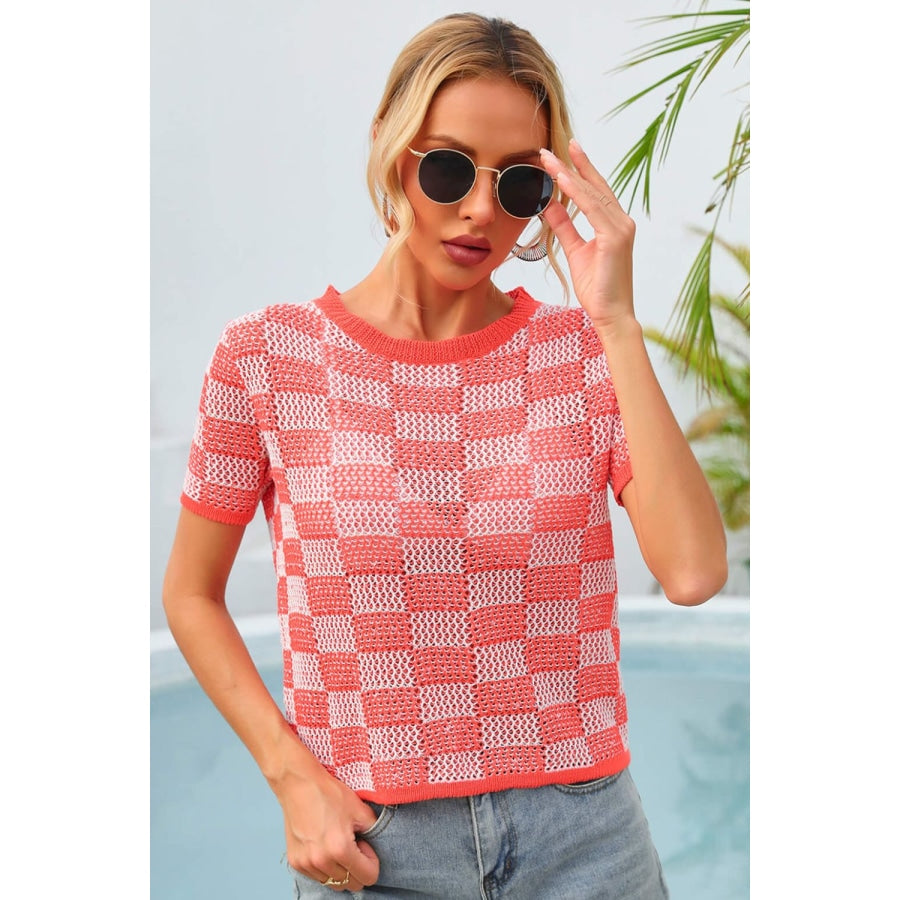 Checkered Short Sleeve Knit Top Safety Orange / S