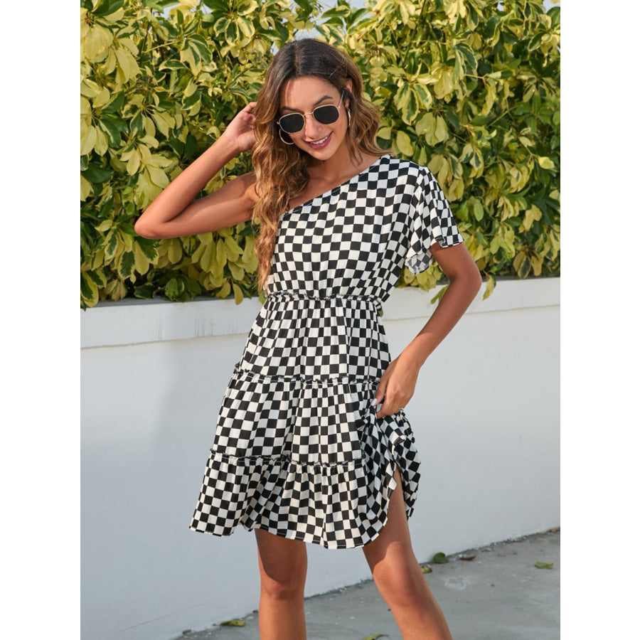 Checkered Single Shoulder Mini Dress Apparel and Accessories