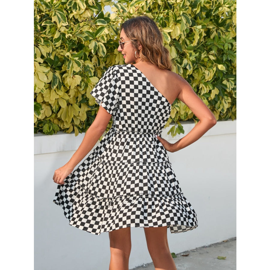 Checkered Single Shoulder Mini Dress Apparel and Accessories