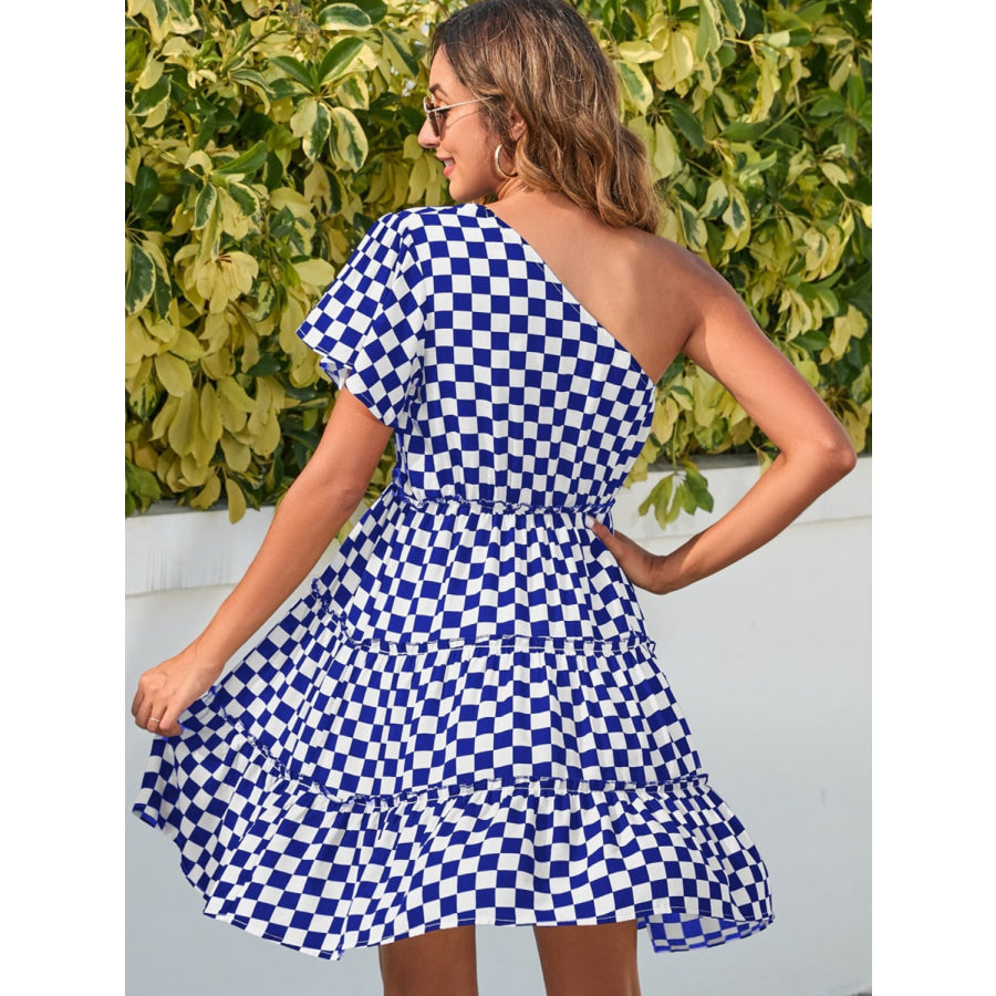 Checkered Single Shoulder Mini Dress Navy / S Apparel and Accessories