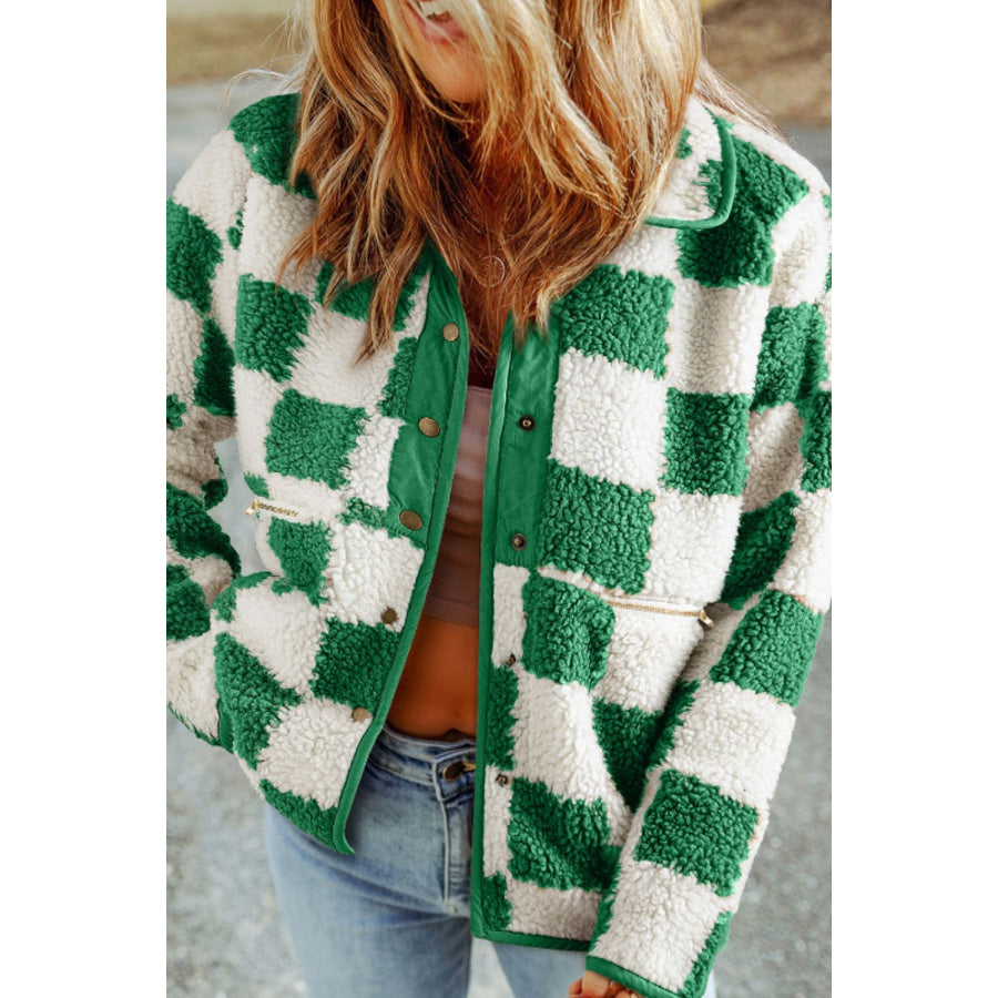 Checkered Snap Down Long Sleeve Jacket Green / S Apparel and Accessories