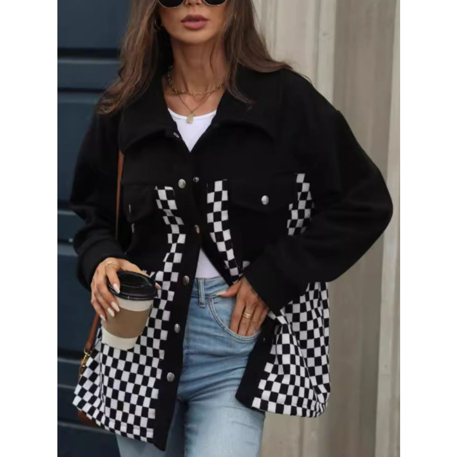 Checkered Snap Down Long Sleeve Jacket Black / S Apparel and Accessories