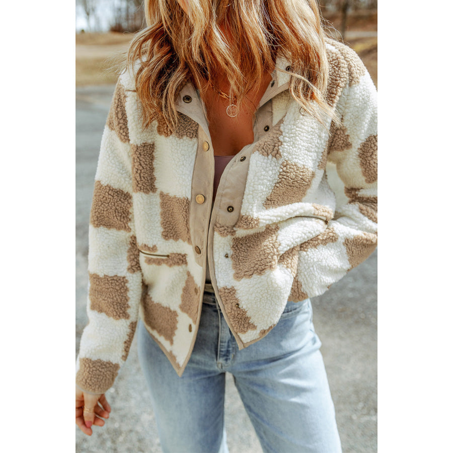 Checkered Snap Down Long Sleeve Jacket Dust Storm / S Apparel and Accessories